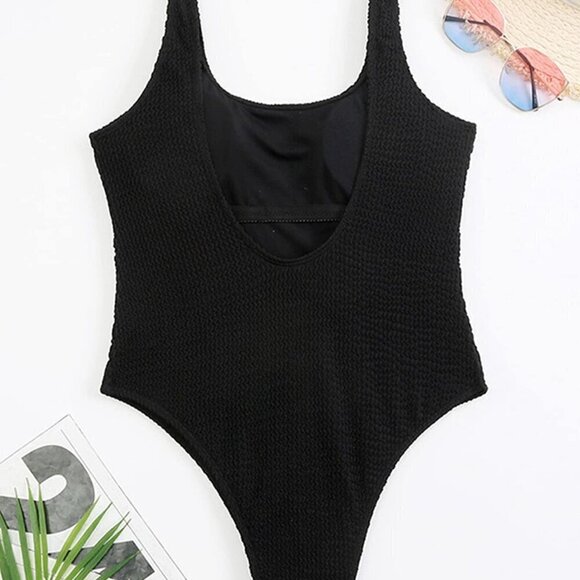 Black Women's Solid Color Sport One Piece Swimsuit Candy Color Textured Fabric - Picture 4 of 4